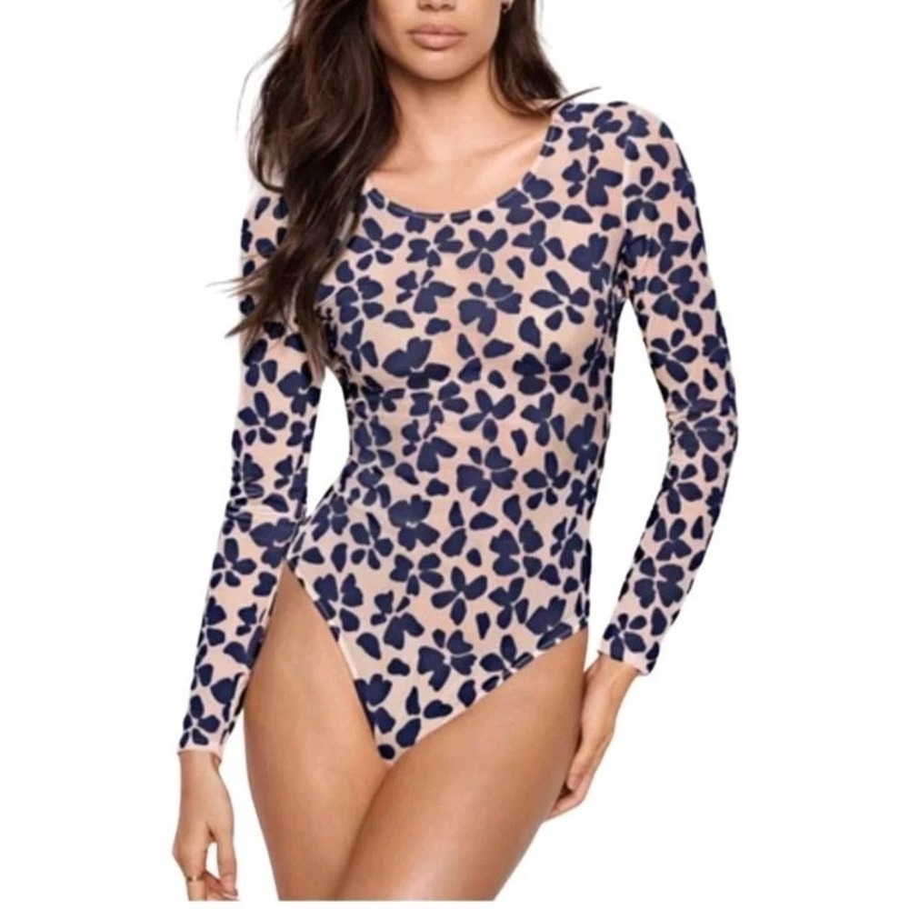 Victoria Secret Navy & Beige Floral Velvet Thong Mesh Style Bodysuit Top SM